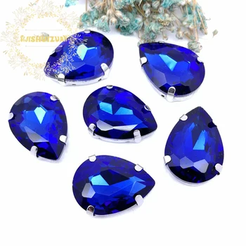 Safir blå vanddråbe Krystal Glas Sy-på Rhinestones med Sølv klo DIY Kvinders Kjoler og bag13*18 10*14 7*10 18*25