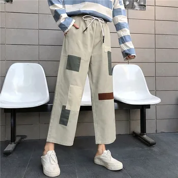 Personlighed Cargo Bukser med Høj Talje patchwork farve overalls lige bred ben lange bukser Kausale Løs Streetwear bukser