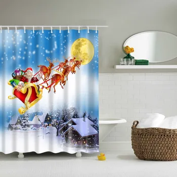 Glædelig Jul Santa Claus og Gaver badeforhæng Badeværelse Gardin Frabic Vandtæt Polyester med Kroge 180x180cm