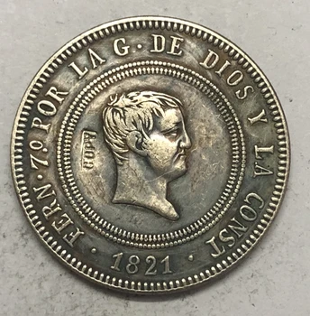 1821 RMD Spanien 10 Reales - Fernando VII sølv forgyldt kopi mønt 34mm
