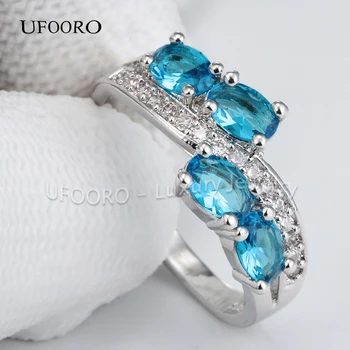 UFOORO Blændende sølv farve, runde himlen bule CZ sten ring party brylluppet 4 opaler ringe gave til kvinder engagement smykker