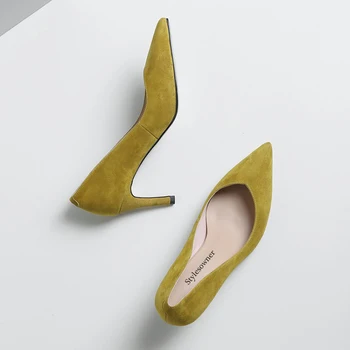Stylesowner 2018 Kid ruskind kvinder med høj hæl sko 7cm rom-sexet gul sort lavvandede munden kjole pumper sko valentine dating sko