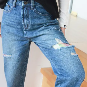 Forår og Efterår outfit nye alsidige tynd lige rør løs farve dekoration rippet højtaljede jeans kvinde