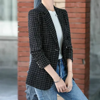 Kontor Dame Ternet Blazer koreansk Mode Turn Down Krave Afslappet langærmet Sort Beige Passer til Kvinder Jakke Plus Størrelse 4XL Foråret