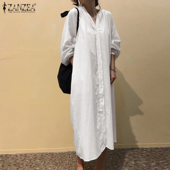 ZANZEA Fashion Kvinder V-Hals langærmet Shirt Kjole Efteråret Solid Sundress Knapper Vestidos Femme Kjole Kjoler Kaftan Plus Størrelse