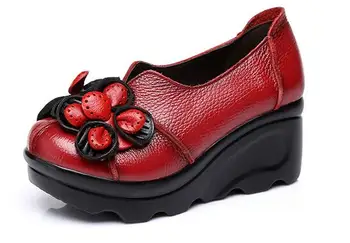 Kvinder i højhælede sko, fritids -, vandtæt Ægte læder mode sko blomster lavvandede kiler kvinde forår og efterår sko