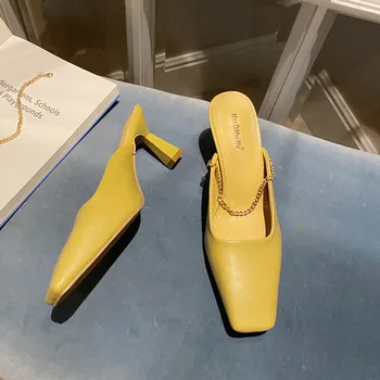 2021 Foråret Høj Hæl Kvinder Slipper Fashion Brand Metal Kæde Slip På Muldyr Pladsen Top Lavvandede Dias Shoes Mujer Sandal