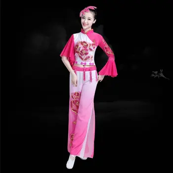 Engros Kinesiske Folkemusik Dans 2018 Kvinder Dans Kostume Kinesisk Fan Dans Kostume Broderi Vinke Ærmer Kostumer FF028 YQ