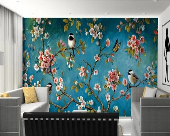 Beibehang Brugerdefinerede kalkmalerier Kinesiske blomster og fugle baggrund vægdekoration maleri stue 3D tapet papier peint