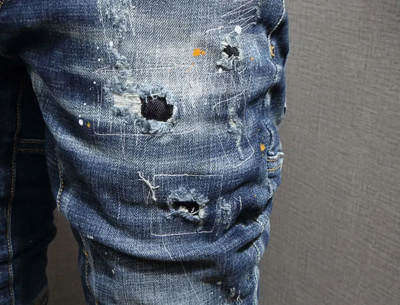 Mode Mænd Jeans Retro Blå ødelagt Slank Rippet Italiensk Stil Splejset Hip Hop Jeans Mænd Vintage Denim Bukser Tilbud | Mænds tøj / Basilicohaslev.dk