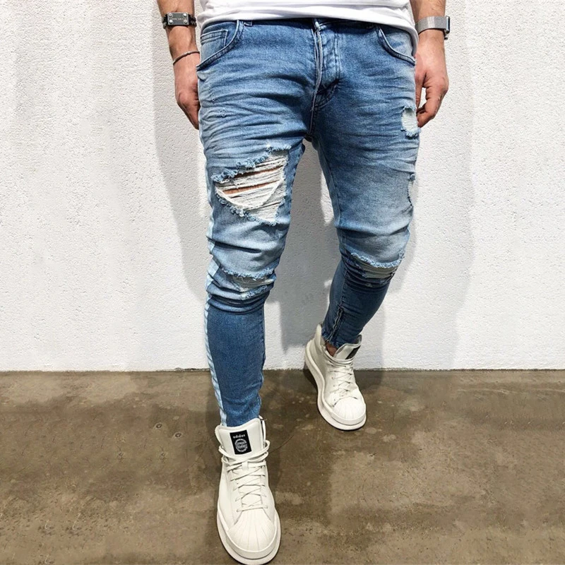 Mænd Side Lynlås Slim Jeans, Nye Mode Kanye Hip-hop Streetwear Flået Knæ Huller Stribe Jeans Til Mænd Bukser Tilbud | Mænds tøj / Basilicohaslev.dk