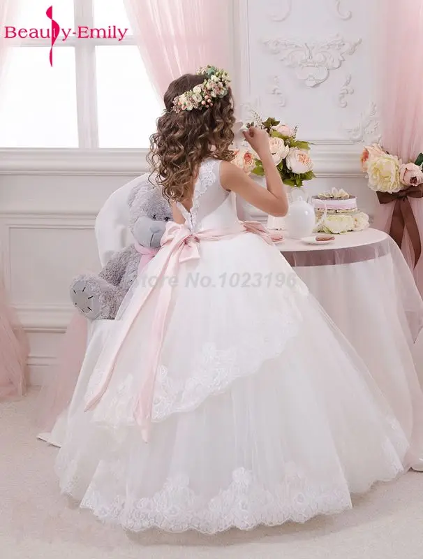 Hvid Blomst Pige Kjoler Bolden Pink Bælte Bow Lace Wedding Party Girl Prom Kjoler Tilbud | Bryllupper & arrangementer / Basilicohaslev.dk
